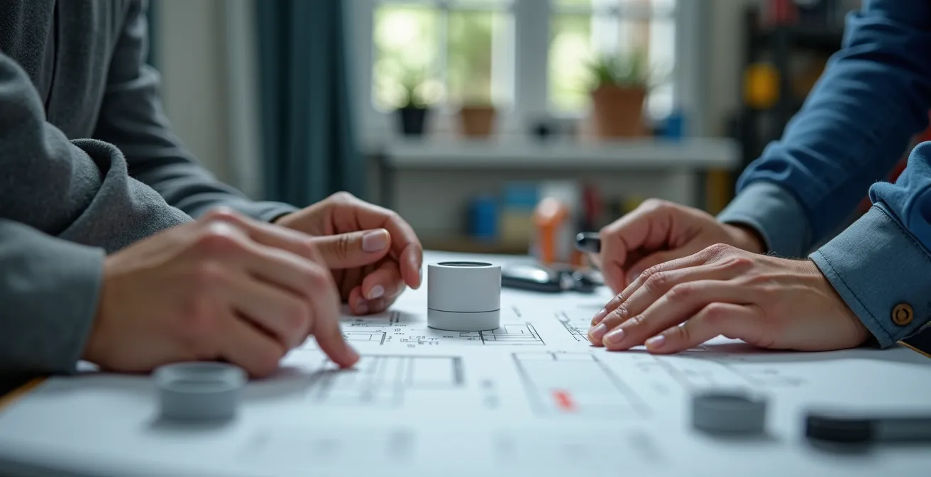 Scène photographique d'un ingénieur et d'un designer travaillant ensemble dans un atelier lumineux et bien équipé à Cholet