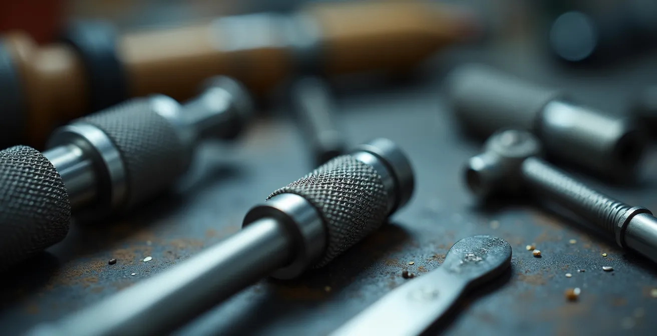 Gros plan macro sur des outils et pièces métalliques en cours d'assemblage dans un atelier industriel à Cholet
