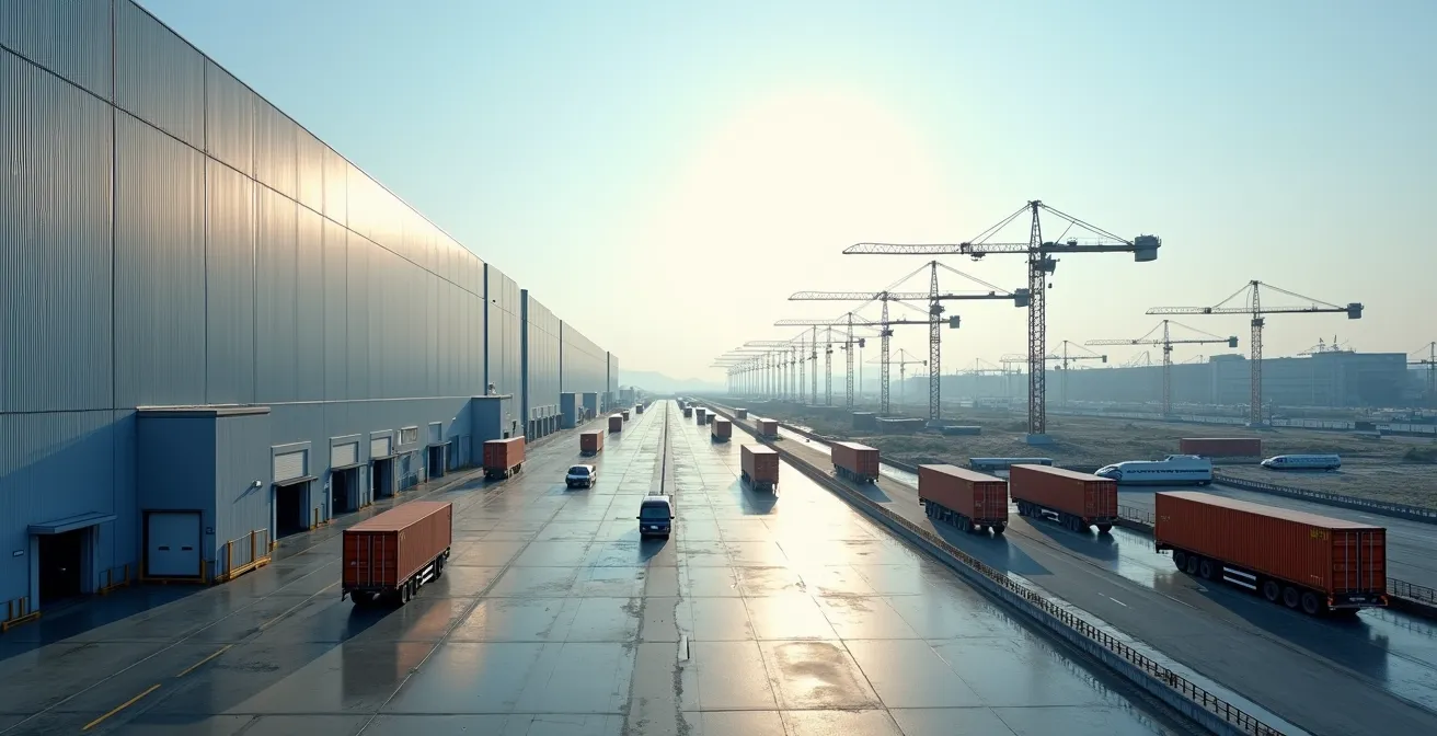 Vue panoramique d'une zone industrielle avec équipements automatisés et véhicules logistiques sous une lumière cinématographique