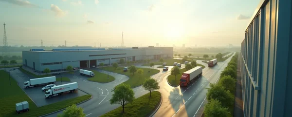 Vue réaliste et dynamique d'une zone industrielle moderne et diversifiée dans le Choletais, montrant des bâtiments industriels propres, une activité logistique et des espaces verts intégrés, avec un éclairage cinématographique naturel et un espace négatif pour texte.