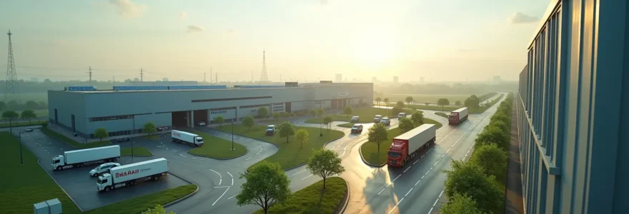 Vue réaliste et dynamique d'une zone industrielle moderne et diversifiée dans le Choletais, montrant des bâtiments industriels propres, une activité logistique et des espaces verts intégrés, avec un éclairage cinématographique naturel et un espace négatif pour texte.