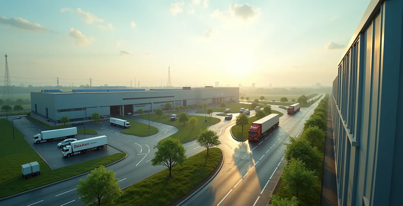 Vue réaliste et dynamique d'une zone industrielle moderne et diversifiée dans le Choletais, montrant des bâtiments industriels propres, une activité logistique et des espaces verts intégrés, avec un éclairage cinématographique naturel et un espace négatif pour texte.