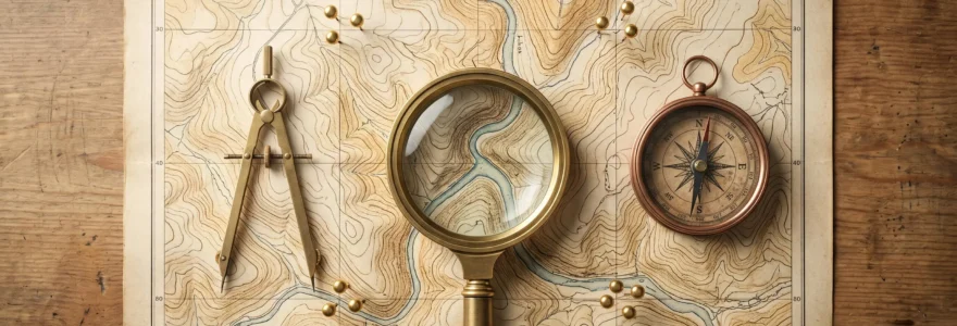Vue aérienne d'une table de cartographe avec carte ancienne, loupe en laiton, épingles dorées et boussole disposés symétriquement, éclairés par lumière naturelle douce