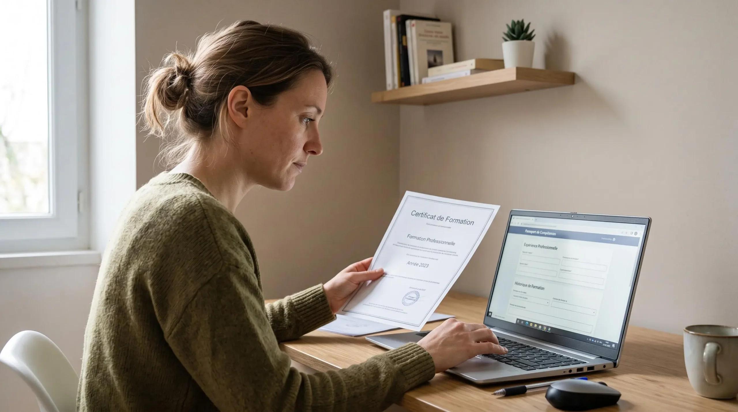 Femme remplissant son Passeport formation en consultant ses certificats et diplômes