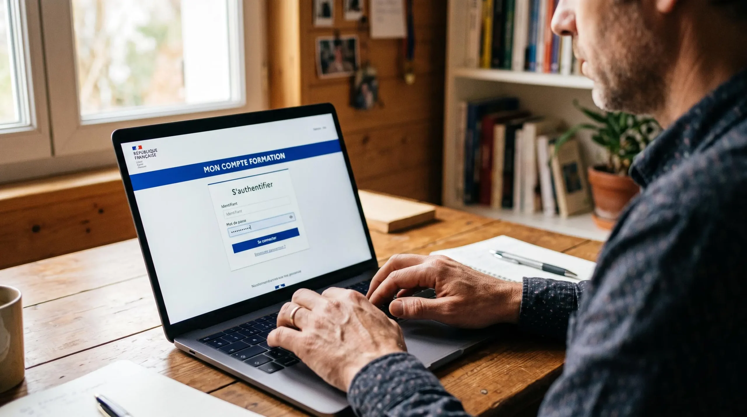 Homme se connectant à son compte Passeport formation depuis son ordinateur personnel à domicile
