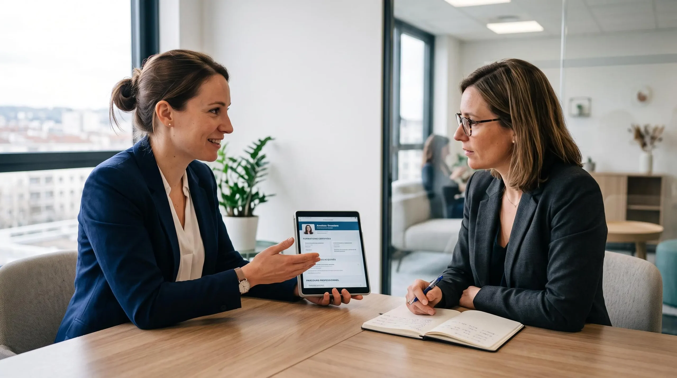 Collaboratrice présentant son Passeport formation à sa responsable RH lors d'un entretien professionnel