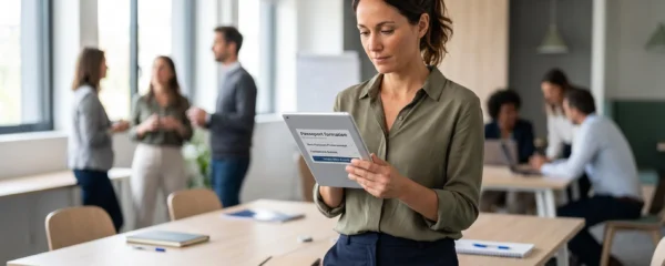 Professionnelle consultant son Passeport formation sur une tablette dans un centre de formation moderne
