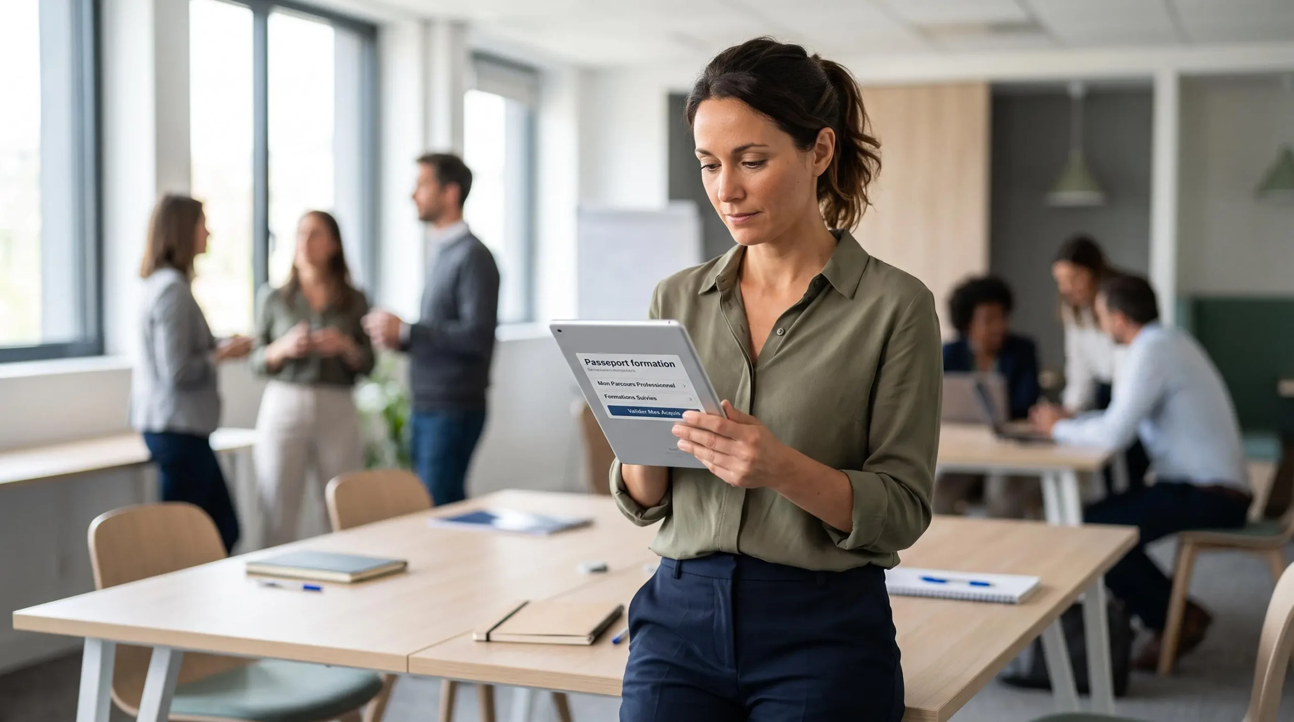Professionnelle consultant son Passeport formation sur une tablette dans un centre de formation moderne